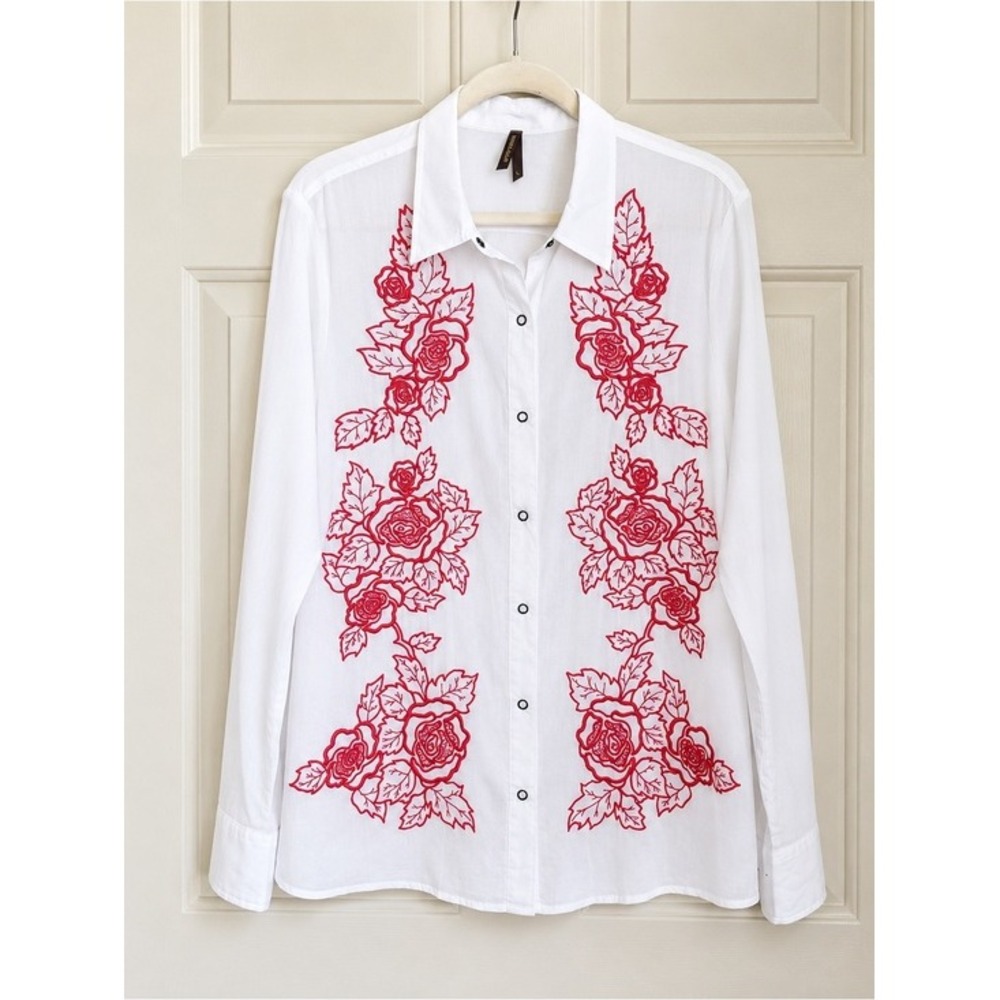 Stetson Embroidered Floral Cotton Snap Front Top Coastal Cowgirl Cottagecore - Picture 2 of 8